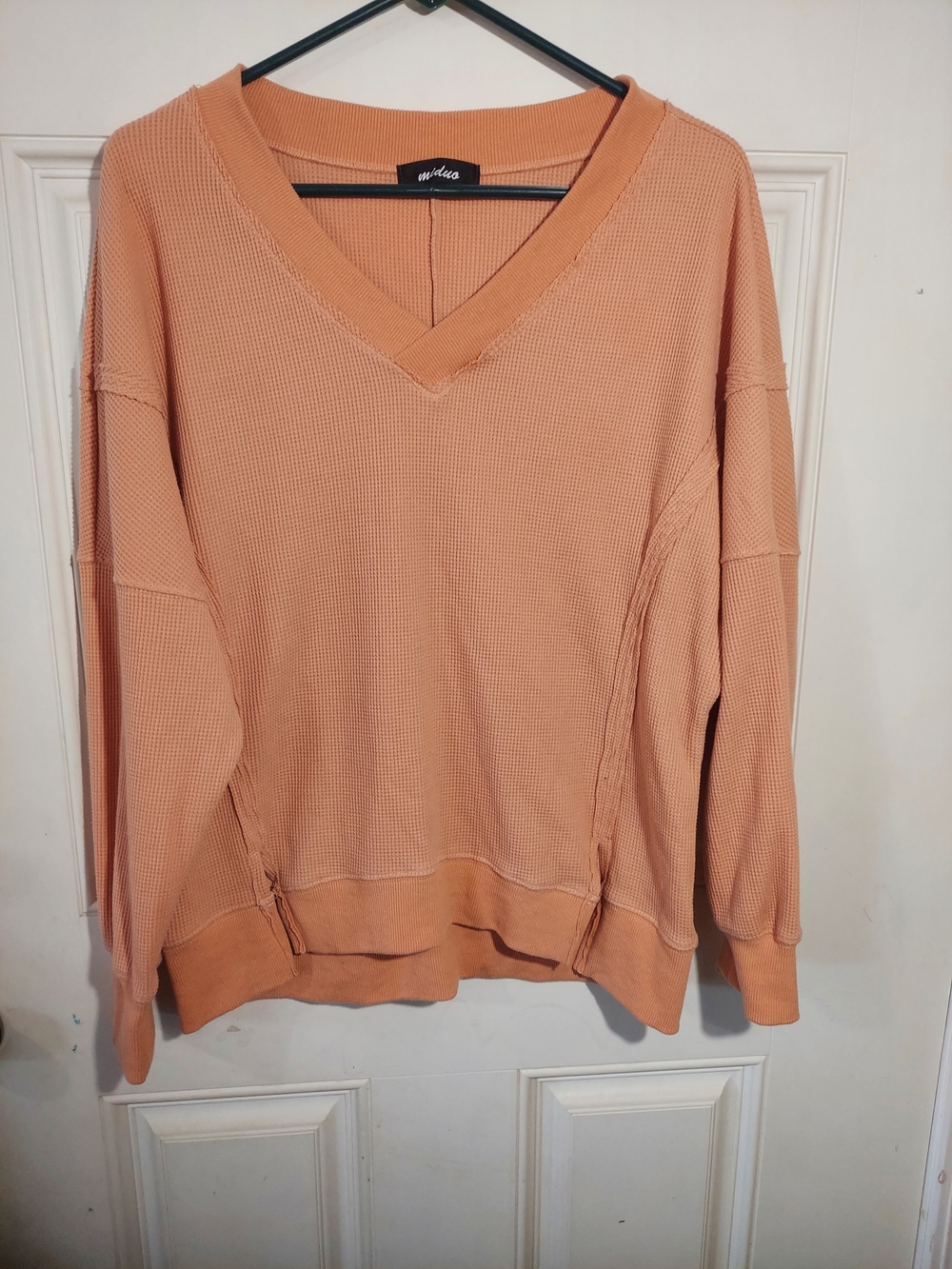 Waffle Knit V-Neck Pullover Sweater - Peach Size L